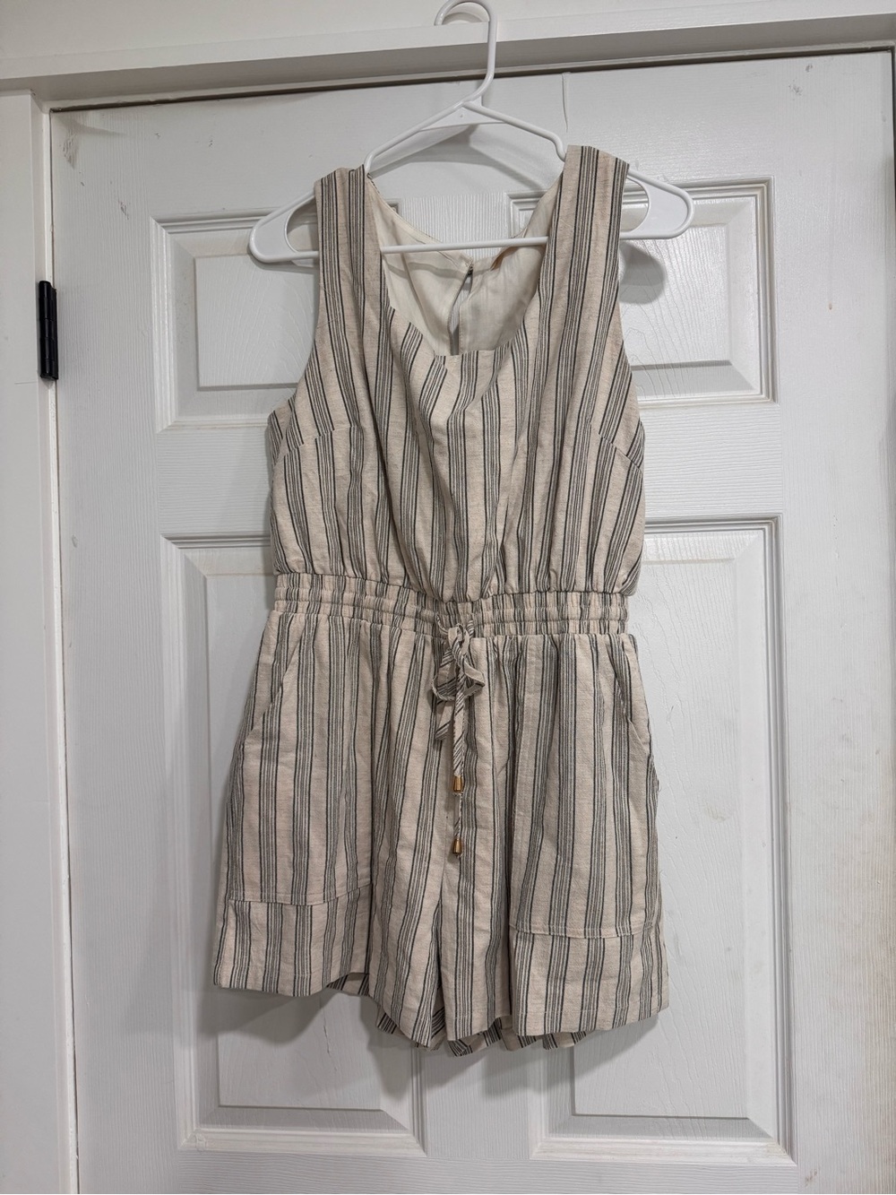 Striped Sleeveless Drawstring Romper in Beige